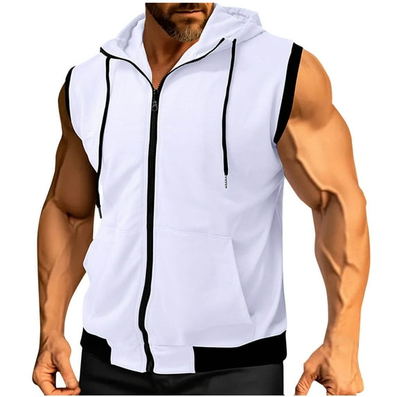 Men's Casual Color Block Muscle Hooded Sweatshirt Sleeveless Zip Up Drawstring Shirts Workout Gym Athletic Running Jacket