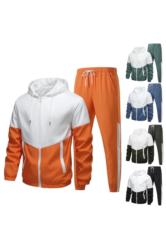 Men's Casual Color-blocked Lightweight Sportswear Set, Zippered Hooded Jacket and Pants, for Winter Training and Outdoor Exercises,Black,L