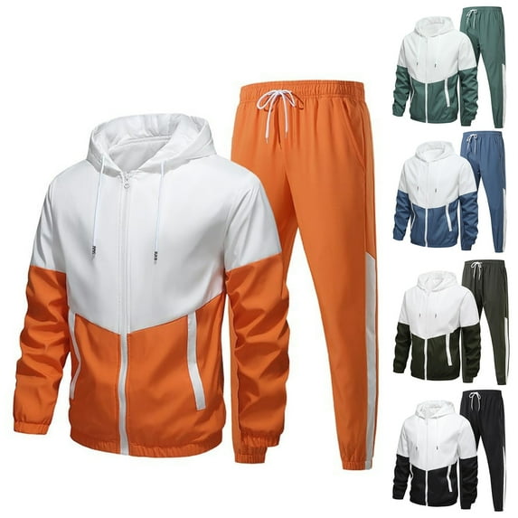 Men's Casual Color-blocked Lightweight Sportswear Set, Zippered Hooded Jacket and Pants, for Winter Training and Outdoor Exercises,Saffron,L