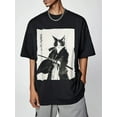 thumbnail image 1 of Men's Casual Comfort T-Shirt with Ink Cat Samurai Print - Crew Neck, Short Sleeve, Polyester Blend, Perfect for Summer, 1 of 5