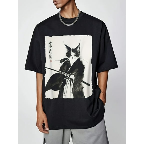 Men's Casual Comfort T-Shirt with Ink Cat Samurai Print - Crew Neck, Short Sleeve, Polyester Blend, Perfect for Summer