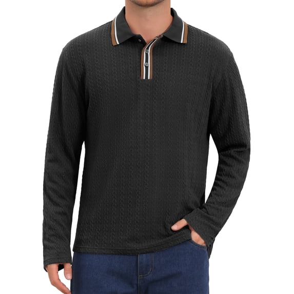 Men's Casual Contrast Button Collared Long Sleeves Jacquard Polo T-Shirts M Black