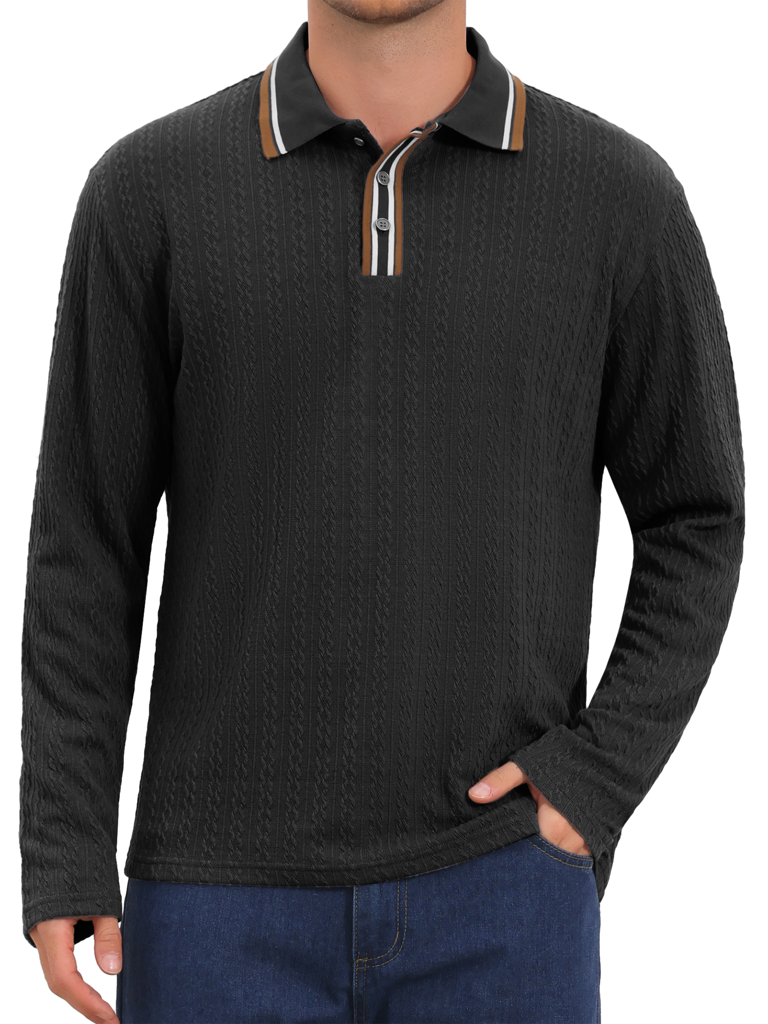 Men's Casual Contrast Button Collared Long Sleeves Jacquard Polo T-Shirts XL Black