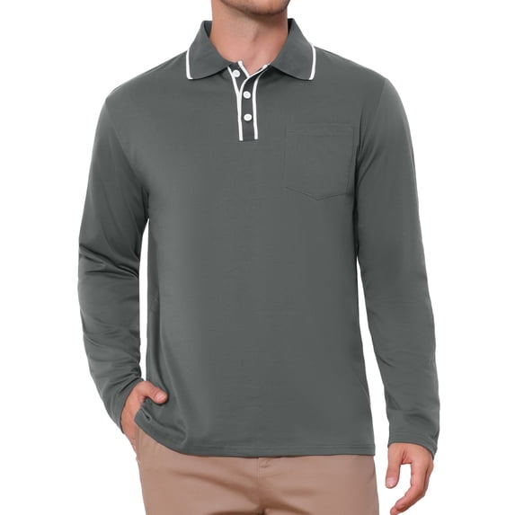 Men's Casual Contrast Button Collared Pocket Long Sleeves Polo T-Shirts M Dark Gray
