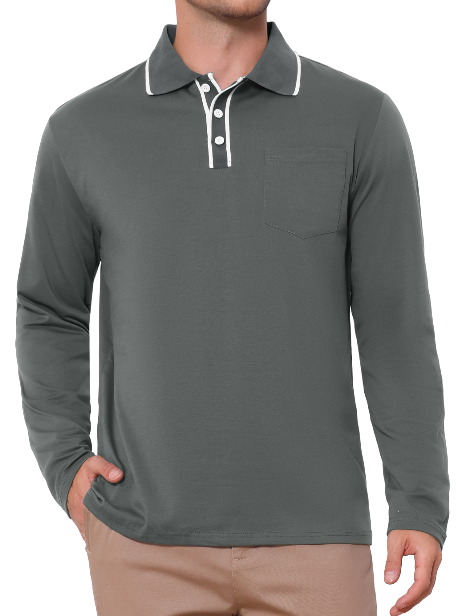 Men's Casual Contrast Button Collared Pocket Long Sleeves Polo T-Shirts S Dark Gray