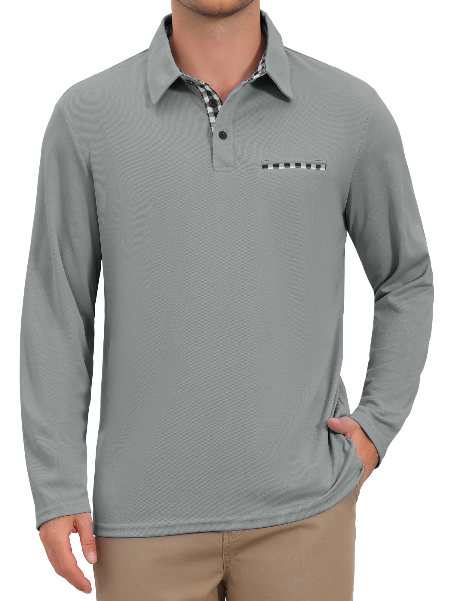INSPIRE CHIC Men's Long Sleeve Golf Shirt Contrast Collar Button Placket Regular Fit Active Top XL Gray