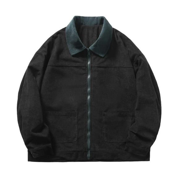 Men's Casual Corduroy Jacket Autumn Winter Trendy Loose Fit Double Pocket Velveteen Coat Color Block Outerwear