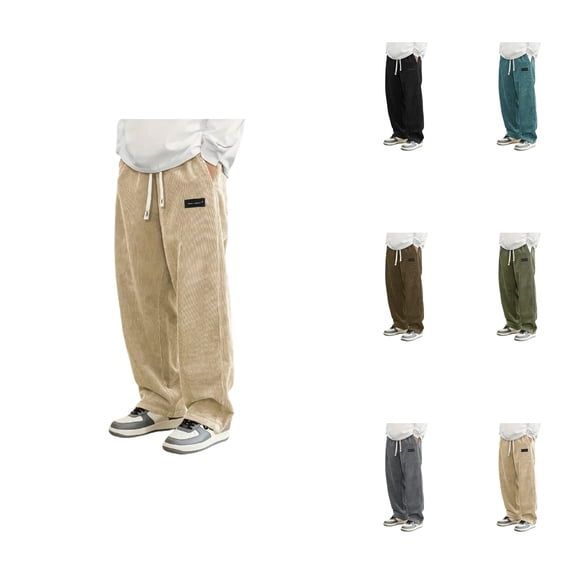 Men's Casual Corduroy Pants, Loose Fit Wide Leg Trousers with Elastic Waist and Drawstring, Lightweight Breathable Fabric for Daily Wear and Outdoor Activities