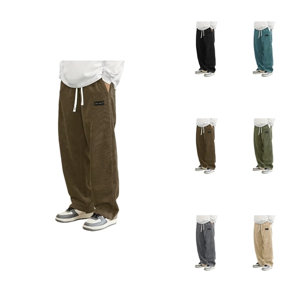 Men's Casual Corduroy Pants, Loose Fit Wide Leg Trousers with Elastic Waist and Drawstring, Lightweight Breathable Fabric for Daily Wear and Outdoor Activities
