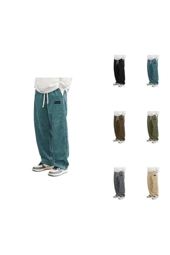 Men's Casual Corduroy Pants, Loose Fit Wide Leg Trousers with Elastic Waist and Drawstring, Lightweight Breathable Fabric for Daily Wear and Outdoor Activities