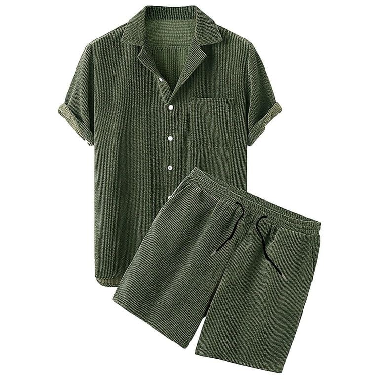 DELICIOUS CORDUROY SET UP デリシャツ サイズＬ Men's Casual Corduroy Shirts Sets Short Sleeve Shorts Suit 2