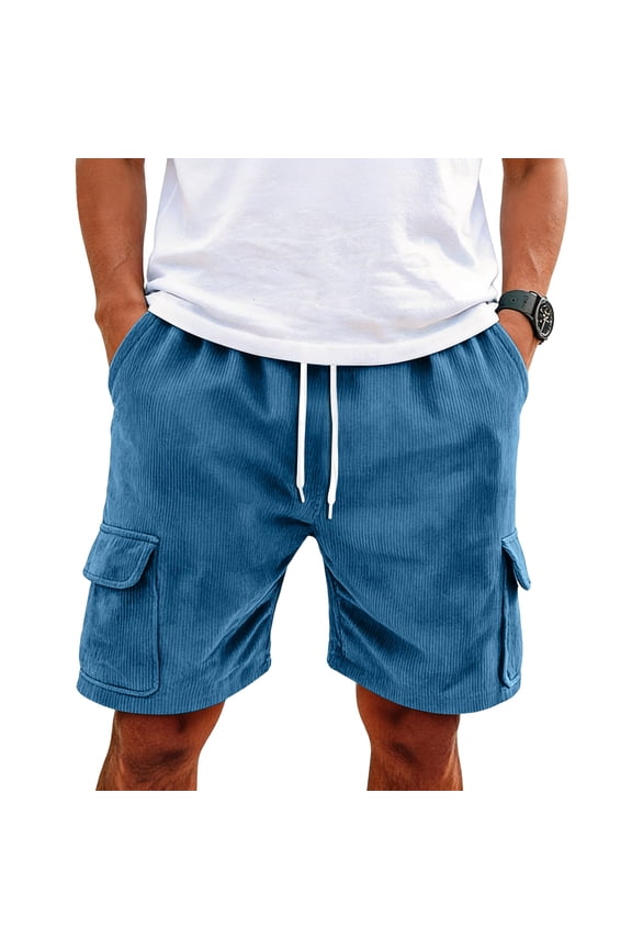 Men’s Casual Corduroy Shorts Elastic Waist Drawstring Cargo Shorts with Multi-Pockets Lightweight Summer Beach Short Blue XL