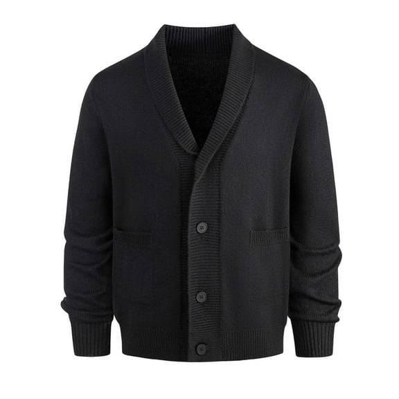 Men's Casual Cotton Blend Cardigan Long Sleeve Shawl Collar Sweater Button Down Knitted Warm Tops with Pockets (L, Black)