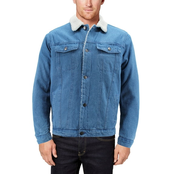 Men’s Casual Cotton Blend Sherpa Lined Button Up Denim Jean Trucker Jacket (Light Blue, L)