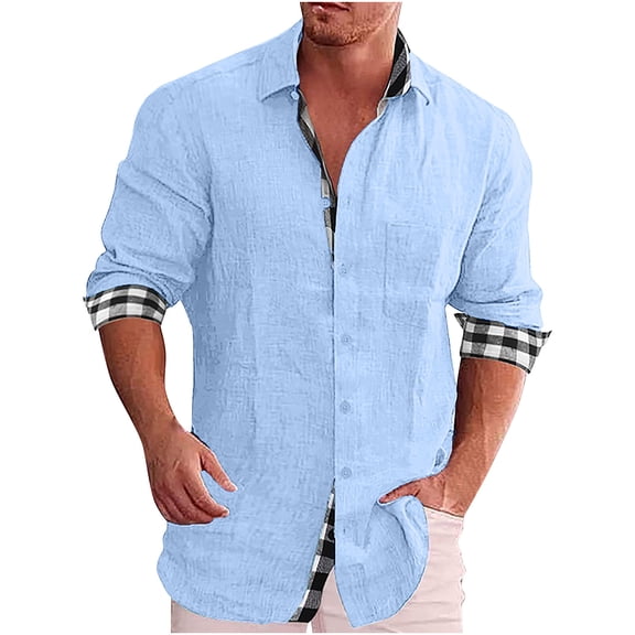 Men's Casual Cotton Linen Button-Up Shirt Business Regular Fit Lapel Dress Shirt Fashion Colorblock Check Pocket Long Sleeve Top