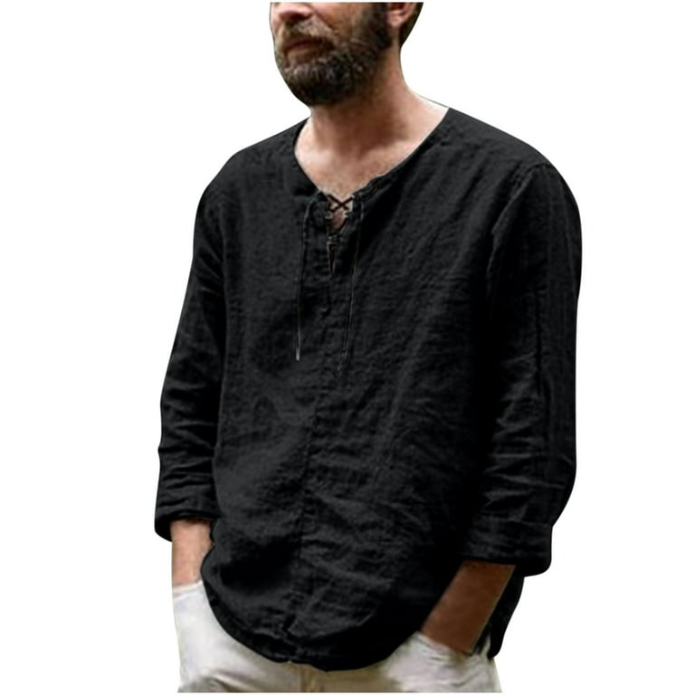 Men's Casual Cotton Linen Long Sleeve Shirts Vintage Solid Color Crew Neck  Henley Blouse Stylish Loose Western Tops 