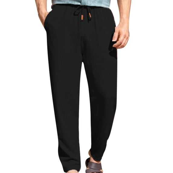 Men's Casual Cotton Linen Pants Elastic Waist Drawstring Beach Summer Lightweight Straight Fit Trousers Size 4XL Black