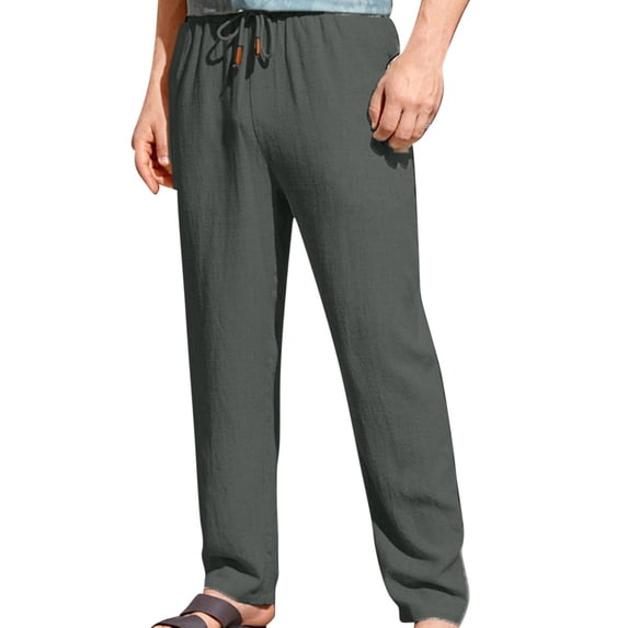 Men's Casual Cotton Linen Pants Elastic Waist Drawstring Beach Summer Lightweight Straight Fit Trousers Size 4XL Gray