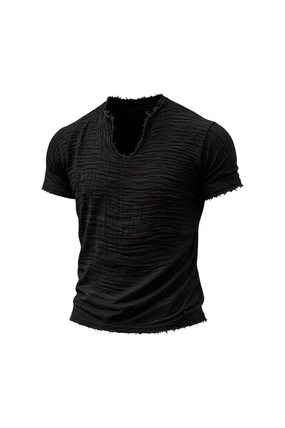 Men's Casual Cotton Linen Shirts V Neck Short Sleeve Soft Raw Edge T-Shirt Summer Trendy Beach Vacation Street Tee, L