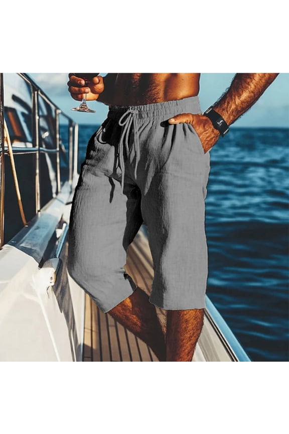 Men's Casual Cotton Linen Shorts - Solid Color Loose 7-Inch Summer Shorts, Gray M