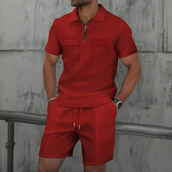 Men's Casual Cotton Polyester Short Sleeve Shirt and Elastic Waist Shorts Set for Summer