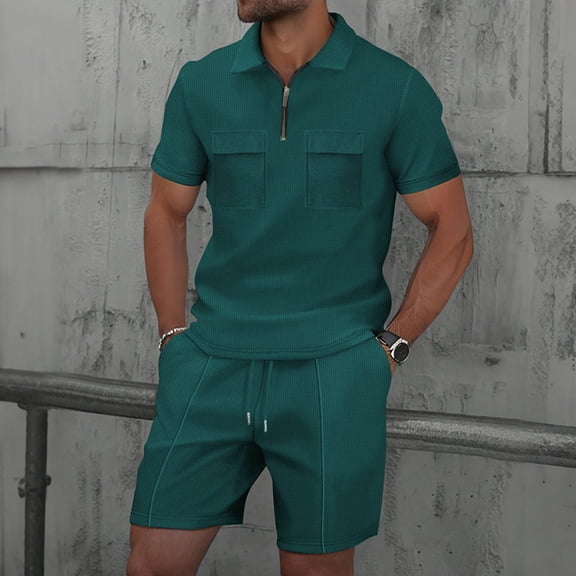 Men's Casual Cotton Polyester Short Sleeve Shirt and Elastic Waist Shorts Set for Summer