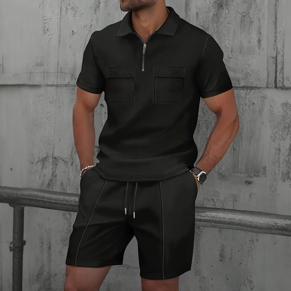 Men's Casual Cotton Polyester Short Sleeve Shirt and Elastic Waist Shorts Set for Summer