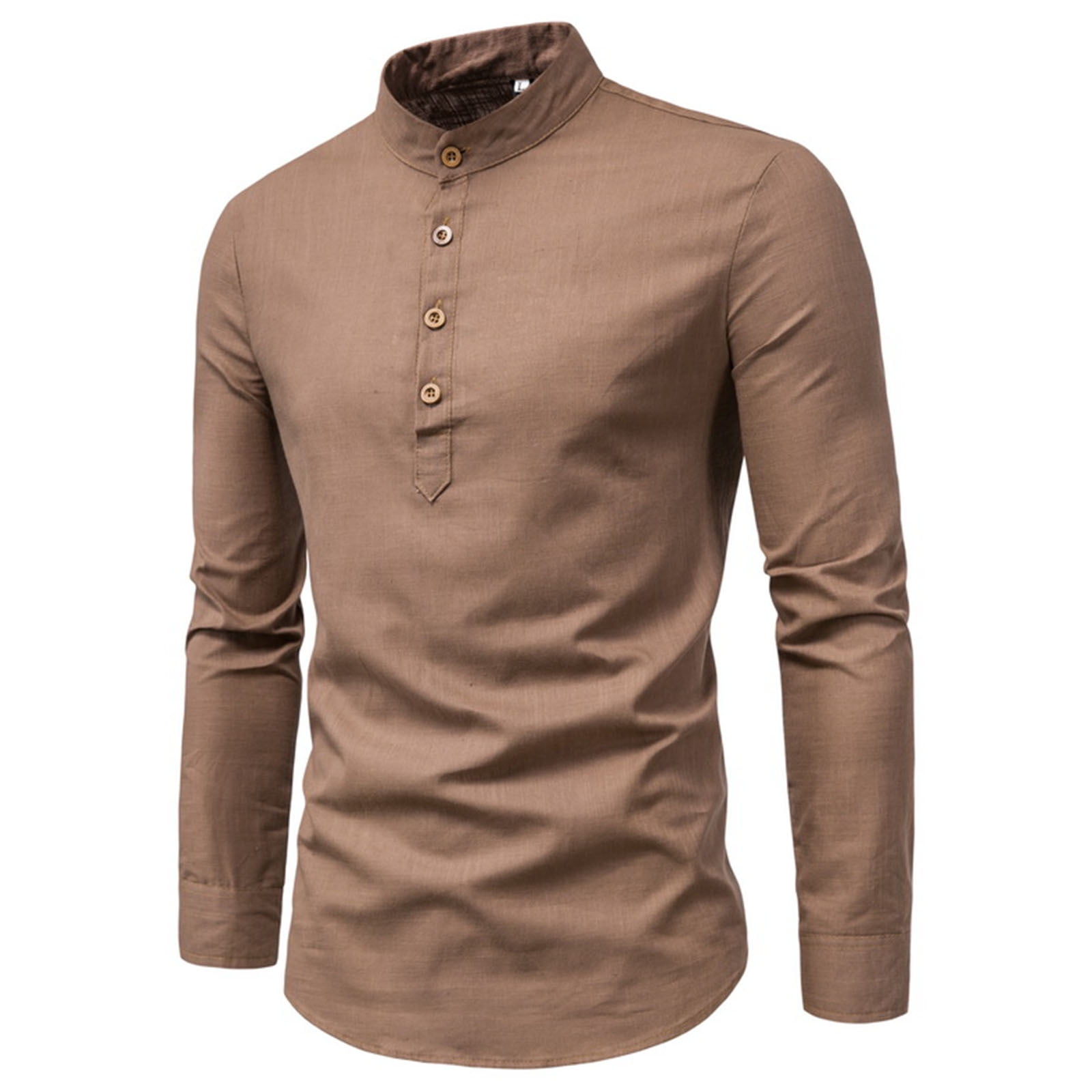Men's Casual Cotton Shirt Long Sleeve Stand Collar Henley Shirt