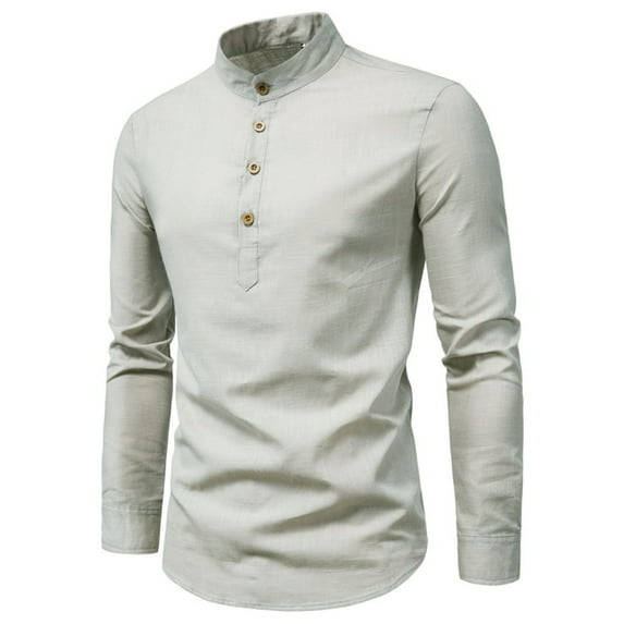 Men's Casual Cotton Shirt Long Sleeve Stand Collar Henley Shirt Tops Grey 5XL