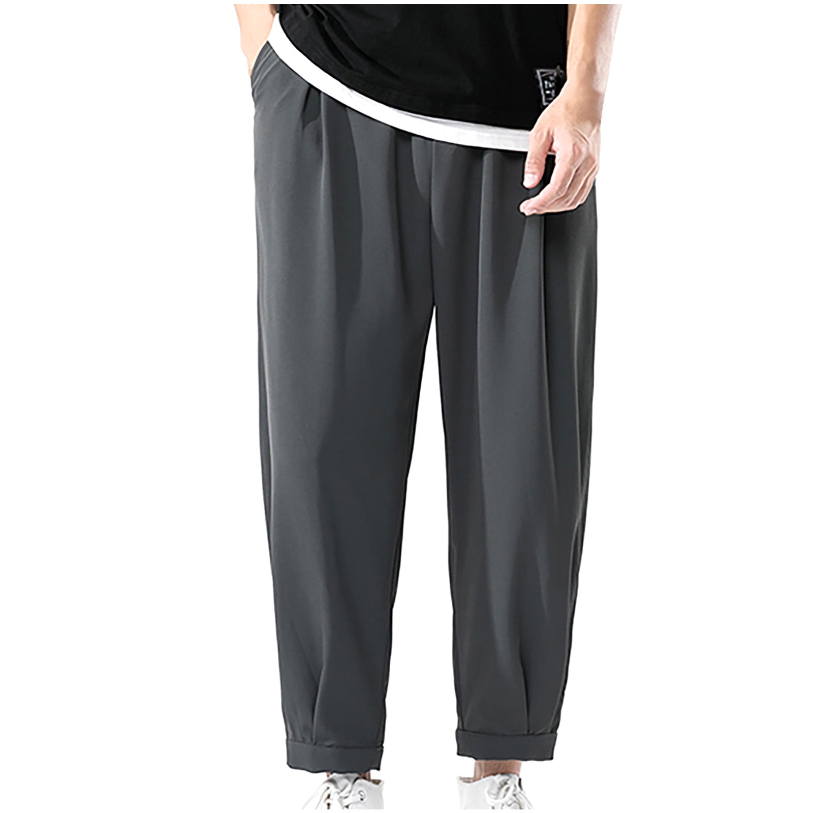 Men's Casual Cotton Sweatpants Ankle-Length Elastic Waist Loose Fit Lounge  Pants Trendy Solid Color Sports Pants 