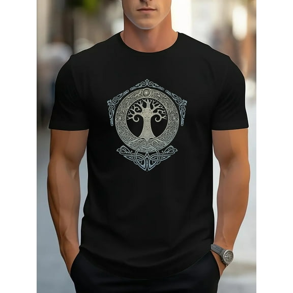 Men's Casual Cotton T-Shirt - Short Sleeve, Round Neck with Unique Tree Design, Perfect for Summer Leisure & Sports
