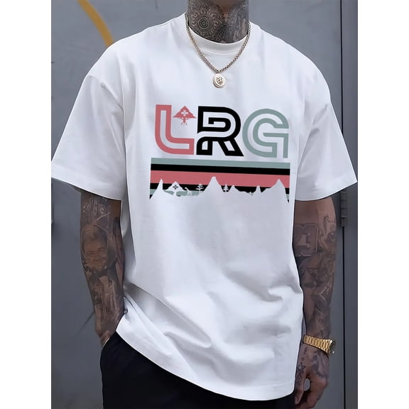 Men's Casual Crew Neck T-Shirt, 102% Cotton, Vintage Style with "LRG" Graphic Print, Loose Fit Short Sleeve Tee for All Seasons, Machine Washable, PLUS SIZE