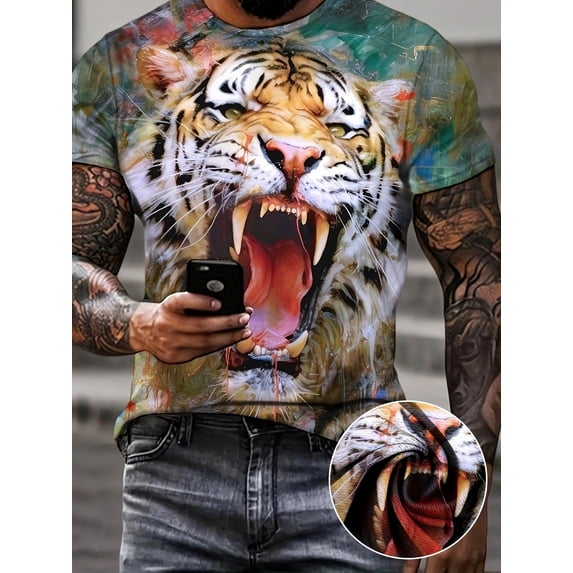 Men's Casual Crew Neck T-Shirt, 3D Tiger Design - Short Sleeve, Breathable Polyester Material, Suitable for Summer Wear