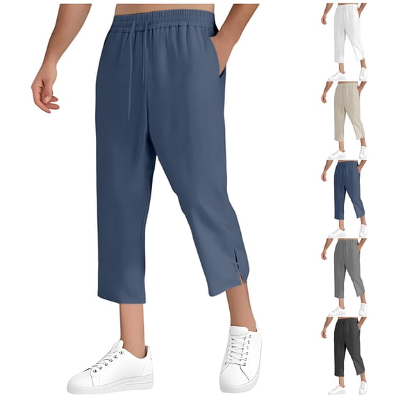 Men's Casual Cropped Pants Beach Trousers Joggers, Elastic Waist Drawstring Straight Leg, Quick Dry Lightweight Breathable, for Home Yoga Workout Daily, Summer | AESTIVO,Black L