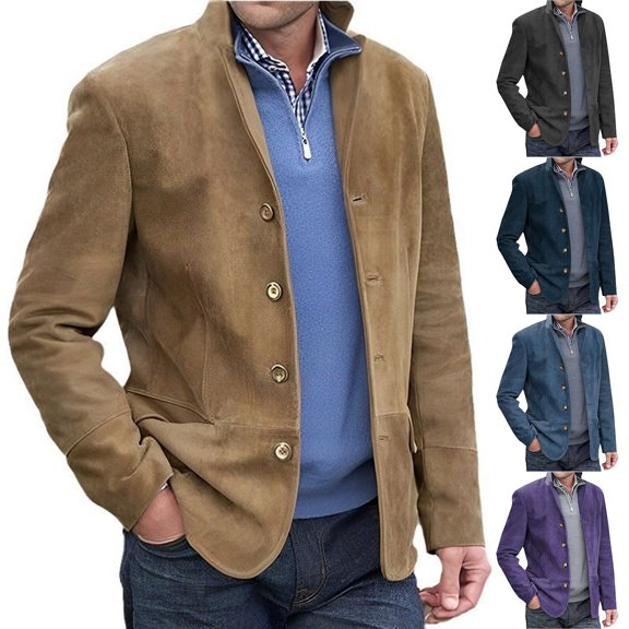 Men's Casual Cuban Collar Work Jacket - Retro Lapel Suit Style for Autumn Winter Business Casual, Social Gatherings, and Christmas Celebrations,Brown,L