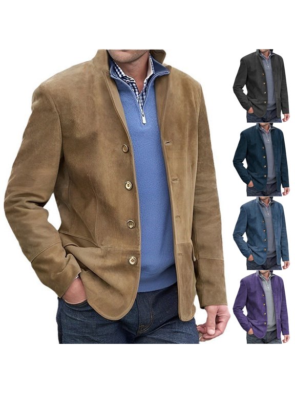 Men's Casual Cuban Collar Work Jacket - Retro Lapel Suit Style for Autumn Winter Business Casual, Social Gatherings, and Christmas Celebrations,Brown,M