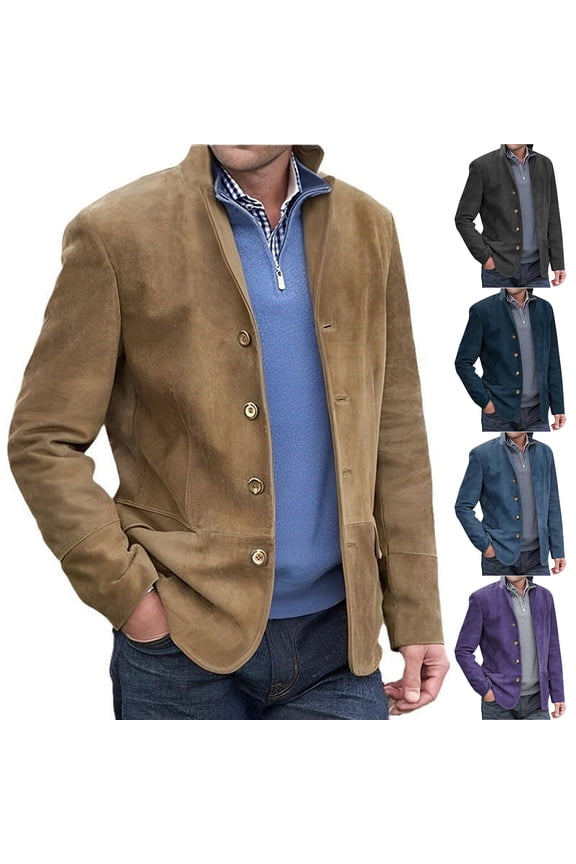 Men's Casual Cuban Collar Work Jacket - Retro Lapel Suit Style for Autumn Winter Business Casual, Social Gatherings, and Christmas Celebrations,Brown,M