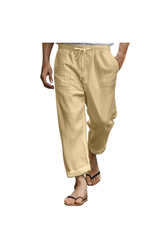 Men's Casual Cuffed Pants Washed Old Vintage Drawstring Waist Solid Trousers Loose Lightweight Hip Hop Street Clothes