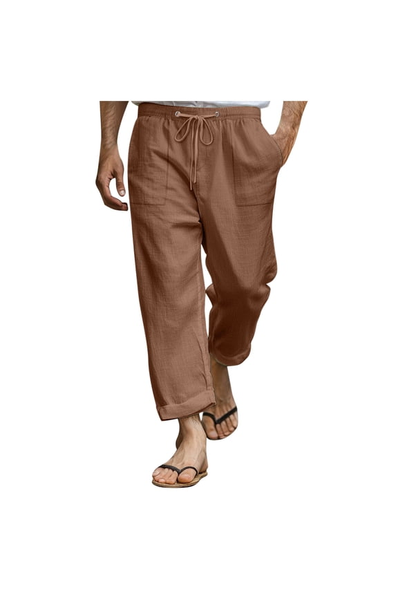 Men's Casual Cuffed Pants Washed Old Vintage Drawstring Waist Solid Trousers Loose Lightweight Hip Hop Street Clothes