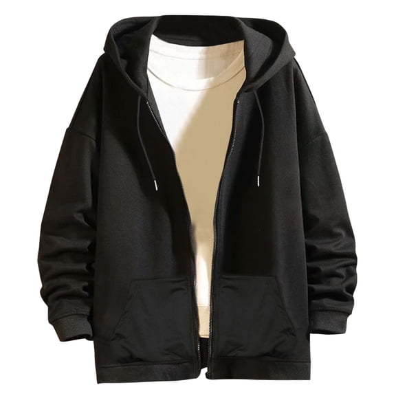 Men's Casual Daily Solid Rib Sleeve Coat Zipper Pocket Long Sleeve Hooded Coat Size:3XL