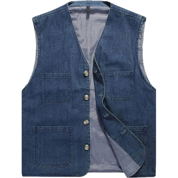 Men's Casual Denim Cotton Utility Vest Button Up Outdoor Pocketed Waistcoat