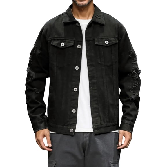 Men's Casual Denim Jacket Autumn New Broken Embroidery Cardigan Coat Lightweight Comfortable Stylish Outerwear