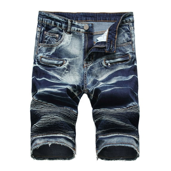 Men's Casual Denim Shorts Classic Fit Ripped Jeans Biker Shorts Dark Blue 40