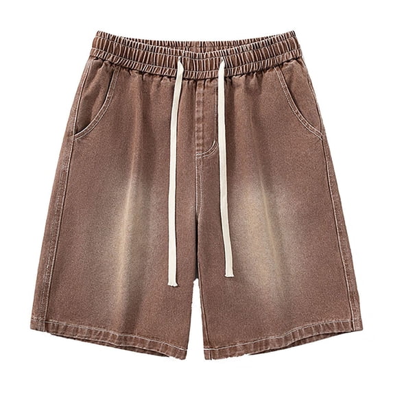 Men's Casual Denim Shorts Solid Color Drawstring Washed Worn Out Spring Summer Beach Shorts With Pockets