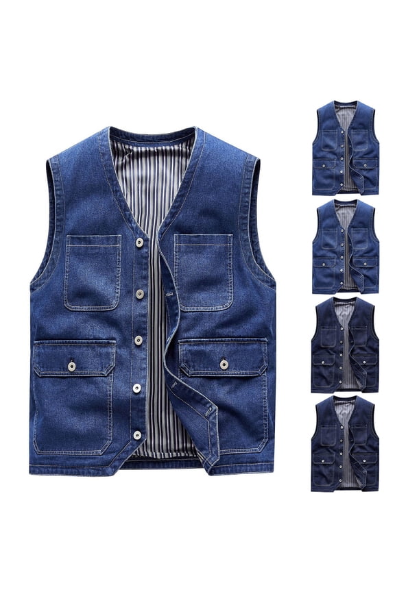 Men's Casual Denim Vest Cotton Utility Vest Button up Outdoor Pocketed Waistcoat Jean Vest Sleeveless Jackets Big and Tall Size M-5XL Light Blue