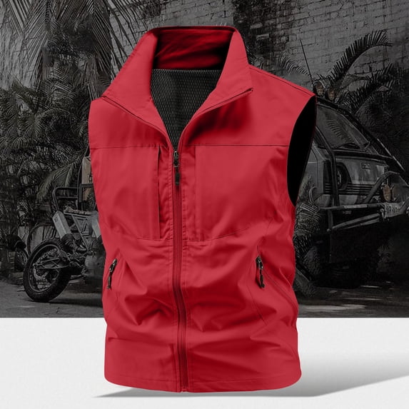 Men's Casual Denim Vest, Sleeveless Jeans Jacket Relaxed Fit Button Down Lapel Waistcoat Red L(L)