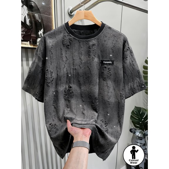 Men's Casual Distressed Ripped Hole Crewneck T-Shirt