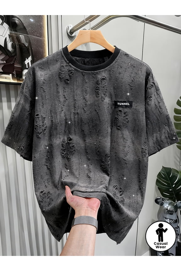 Men's Casual Distressed Ripped Hole Crewneck T-Shirt