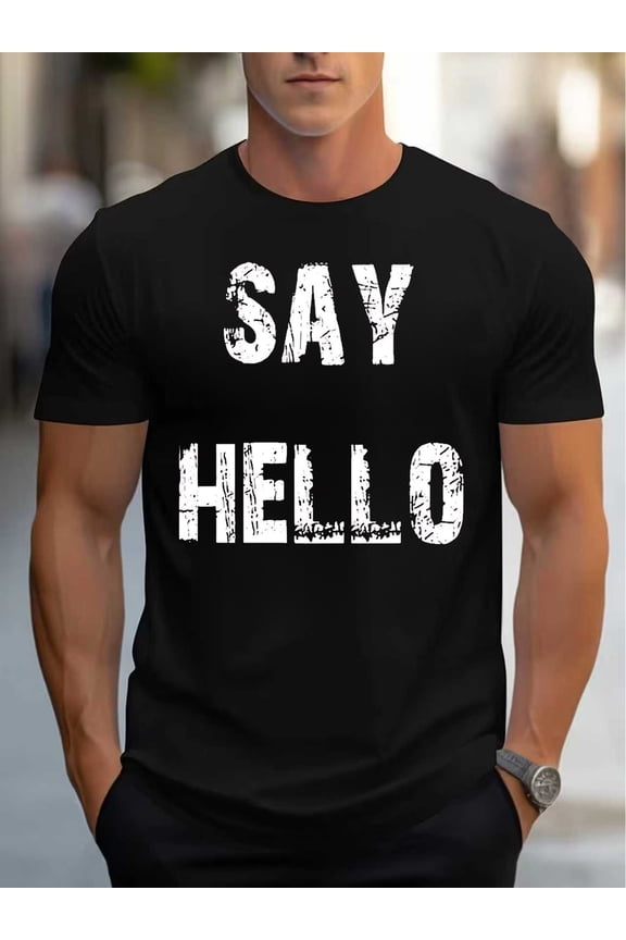 Men's Casual Distressed Say Hello Graphic Short Sleeve T-Shirt