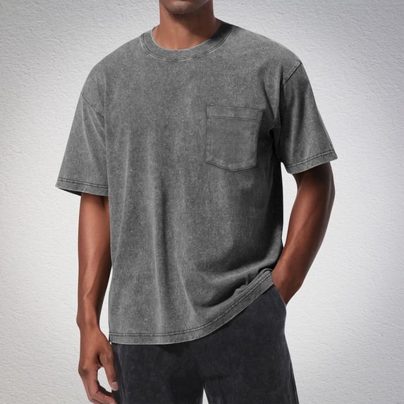 Men's Casual Distressed Washed T-Shirt with Pocket Round Neck Solid Color for Daily Wear